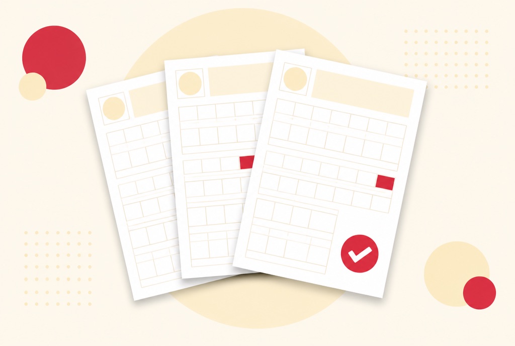 Illustration of three tax information slips fanned out, the front one ticked