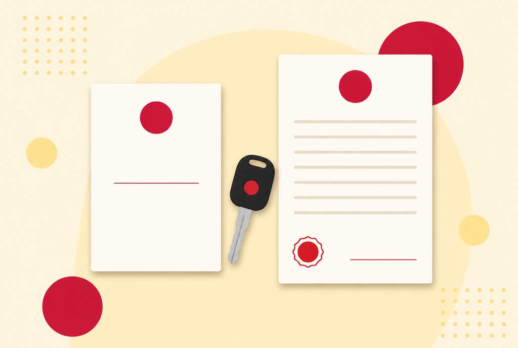 Illustration of two documents side by side, one a short receipt and one a longer bill of sale with a signature line