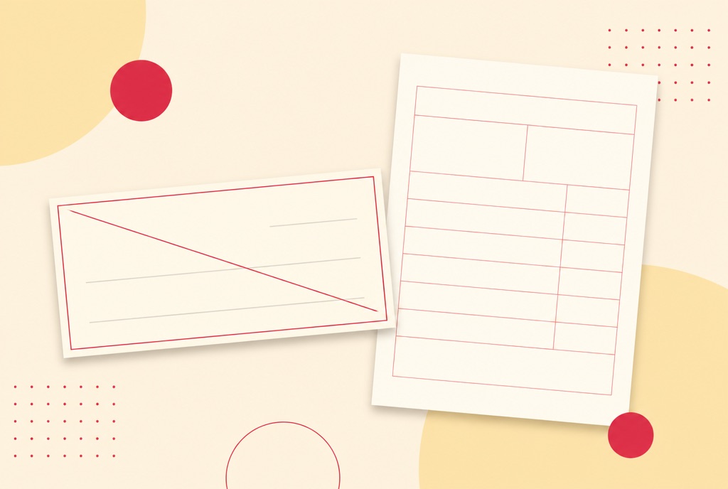 Illustration of a voided bank check beside a document with ruled entry boxes for routing and account numbers