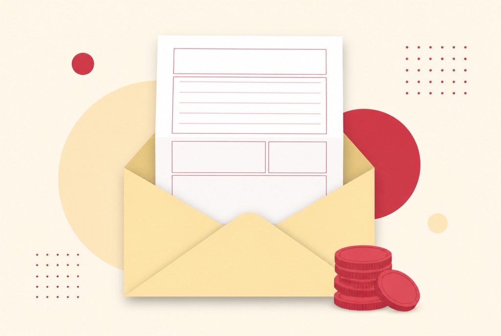 Illustration of an opened envelope with a folded assessment letter sliding out of it beside a small stack of coins