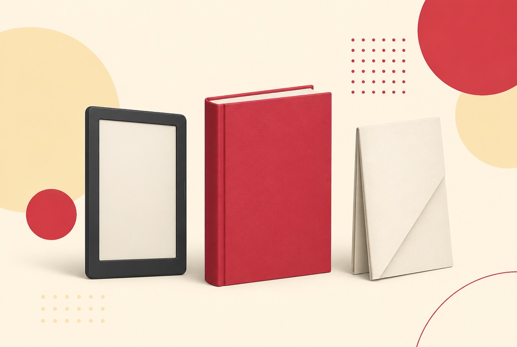 Illustration of a slim e-reader device standing beside a closed hardcover book and a folded paper document