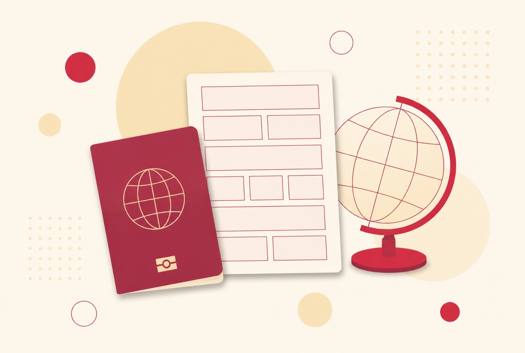Illustration of a passport booklet and a ruled document beside a simple circular globe shape