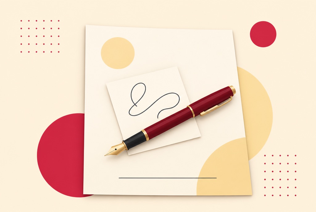 Illustration of a fountain pen lying across a small square of paper carrying an ink squiggle, placed on a document with an empty signature line