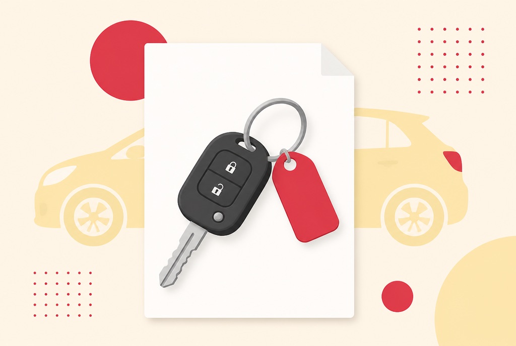 Illustration of car keys and bill of sale paperwork changing hands in a private vehicle sale