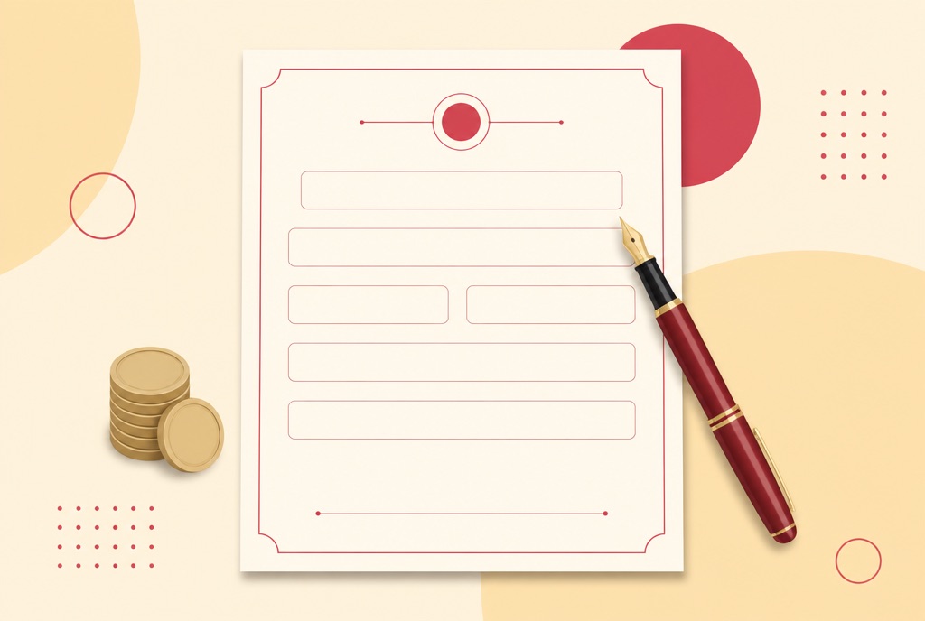 Illustration of a promissory note with empty entry boxes, a fountain pen and a stack of coins