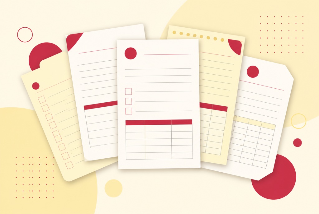 Illustration of a stack of different document templates fanned out with ruled entry lines and small tables