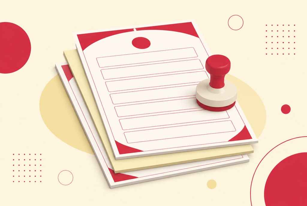 Illustration of a stack of registration documents with empty ruled entry boxes and a round rubber stamp resting on top