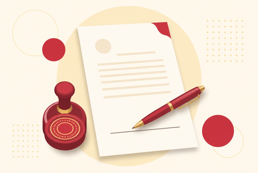 Illustration of a pen resting on a signature line beside a notary seal stamp