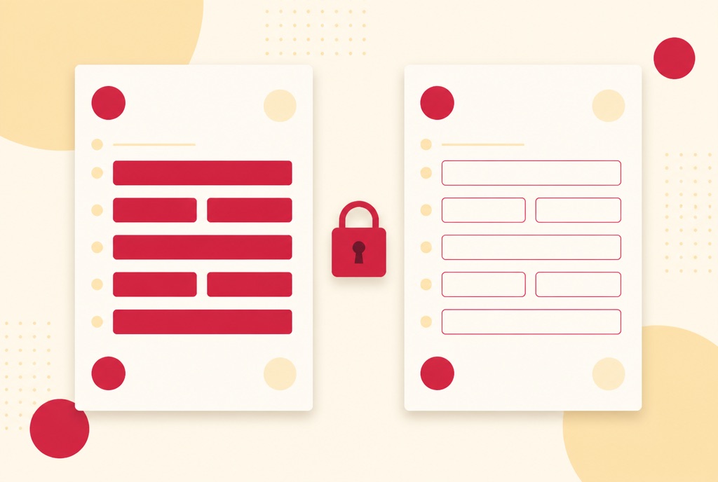 Illustration of two copies of the same form, one with filled boxes and one with empty boxes, a padlock between them