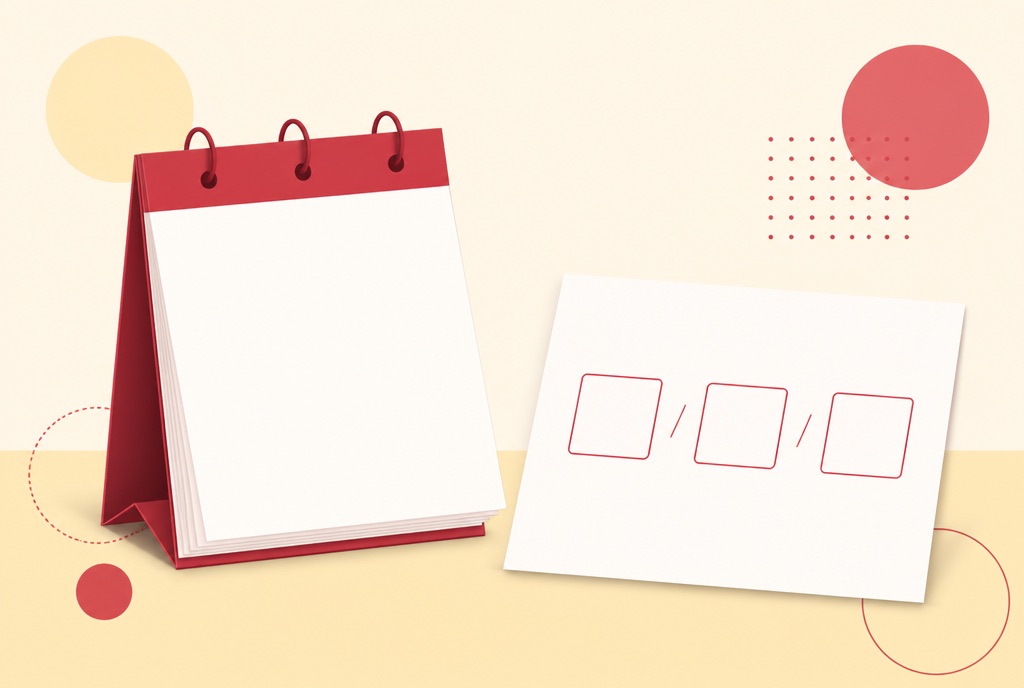 Illustration of a blank tear-off desk calendar on a stand beside a document showing a row of three short empty boxes