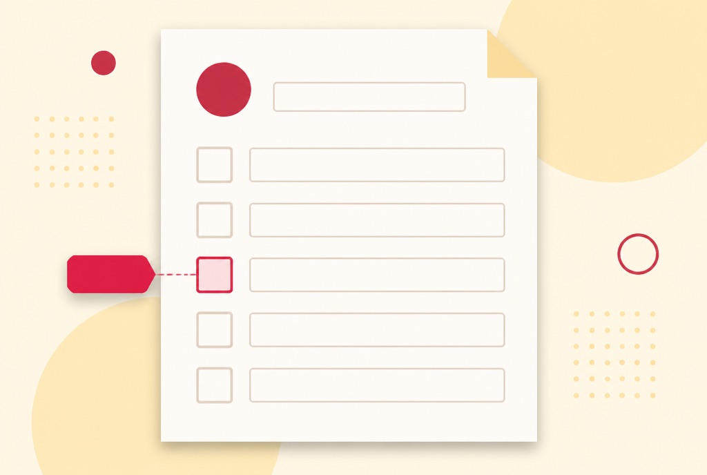 Illustration of a document with ruled entry boxes and a small label tag being read off the page