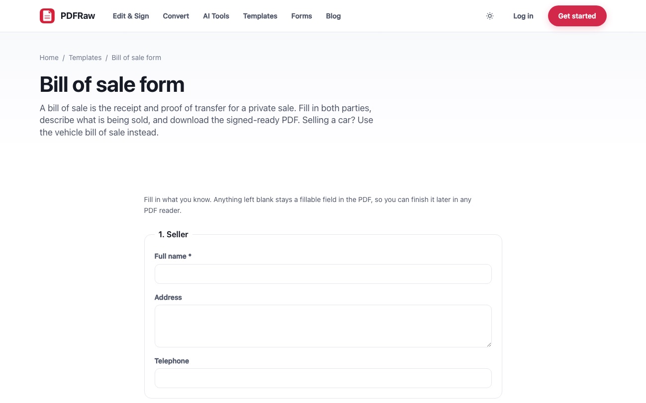 The PDFRaw bill of sale form with fields for the seller and their address