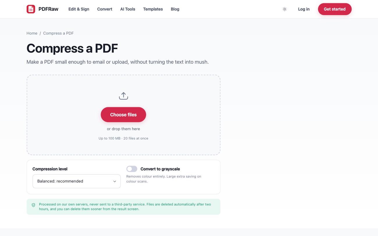 PDFRaw Compress PDF tool showing the upload area and compression options