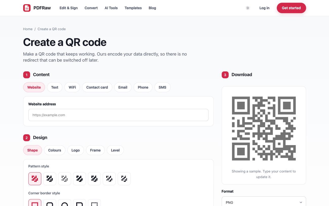 PDFRaw QR code generator with live preview and design options