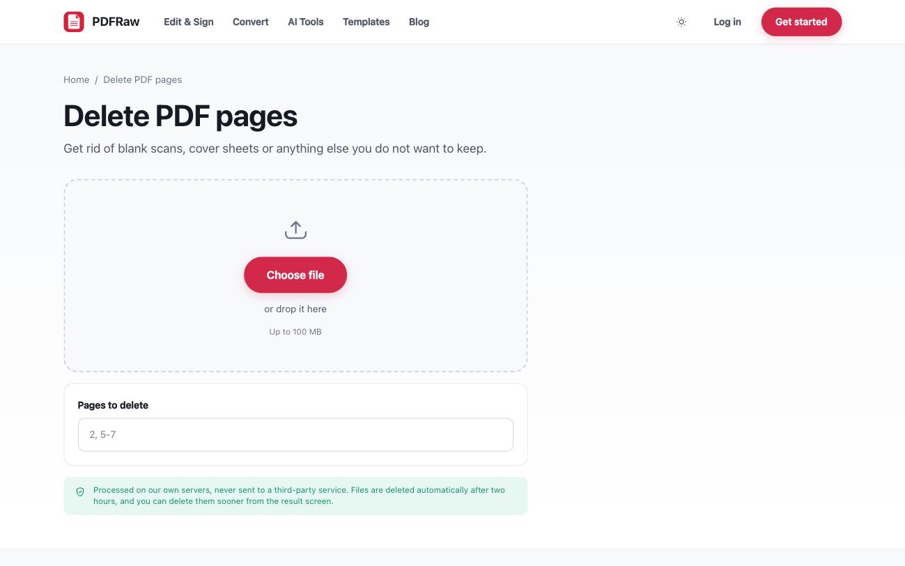 PDFRaw Delete PDF pages tool showing page thumbnails with pages marked for removal