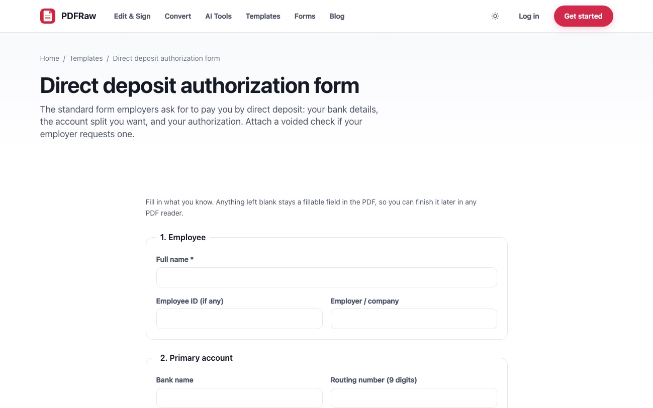 The PDFRaw direct deposit authorization form with fields for employee and bank account details