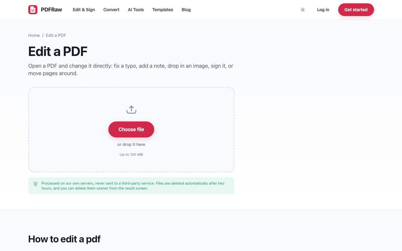 PDFRaw PDF editor open on a document with editable text