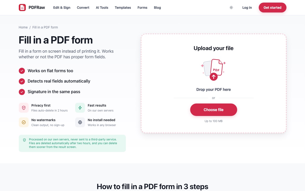 The PDFRaw Fill PDF tool page with its upload area