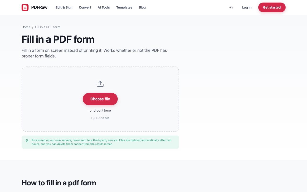 PDFRaw Fill PDF tool with typed text placed on a scanned form