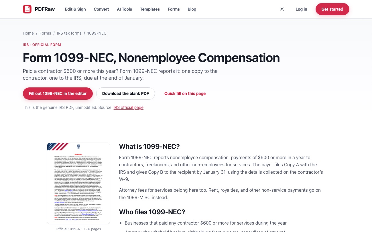 The PDFRaw page for IRS Form 1099-NEC with buttons to fill it in the editor or download the official PDF