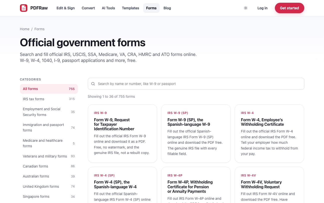 The PDFRaw forms catalog listing official government forms with a search box