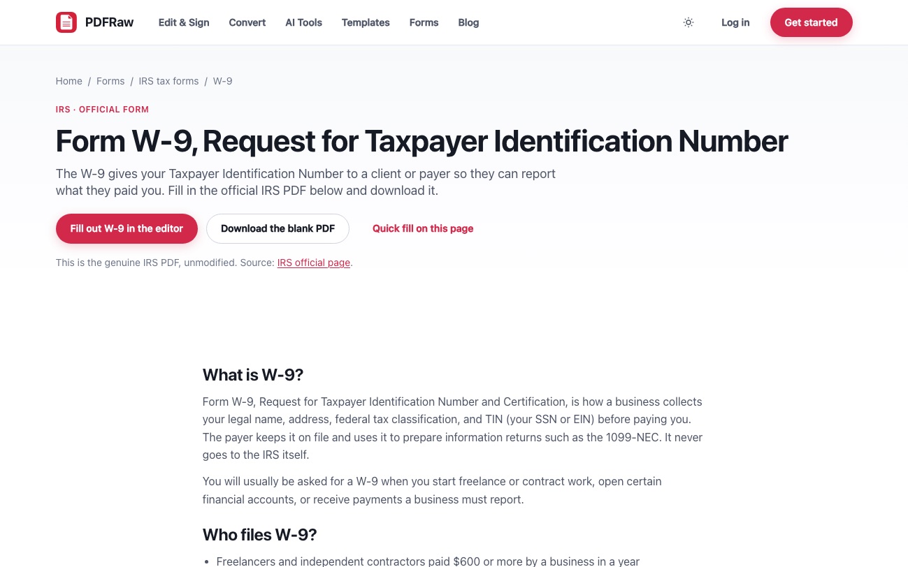 The PDFRaw page for IRS Form W-9 with buttons to fill it in the editor or download the blank PDF
