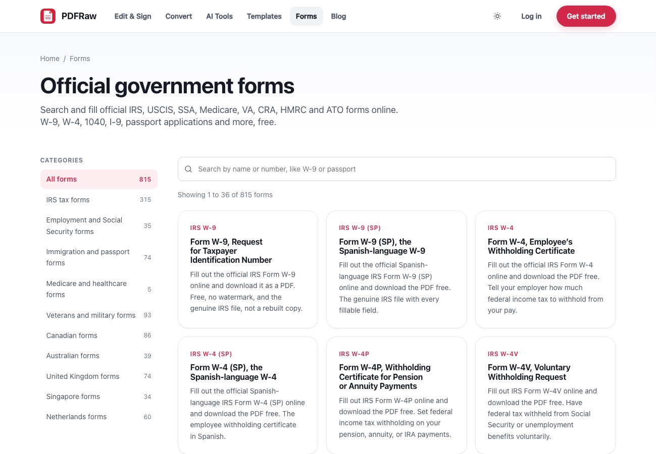 The PDFRaw forms hub with a category sidebar listing Canadian, Australian, UK and Singapore forms alongside US categories