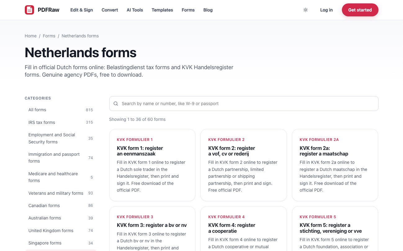 The PDFRaw Netherlands forms hub showing KVK form cards with English titles and descriptions