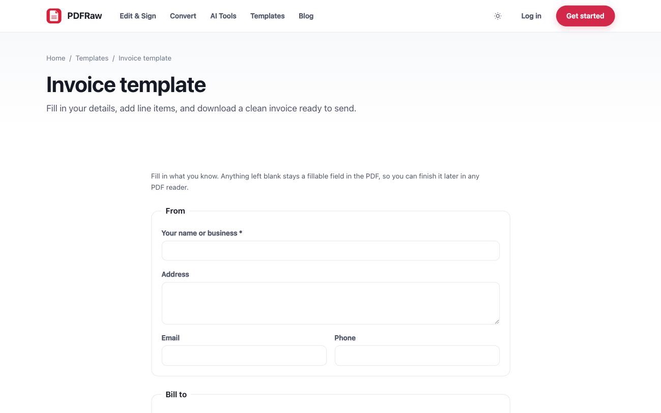 PDFRaw fillable invoice template with line items, totals and payment terms