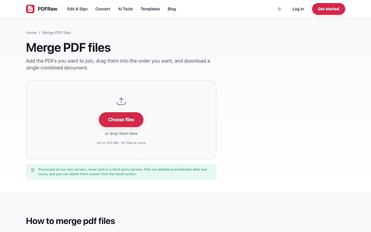 PDFRaw Merge PDF tool with the upload area for combining PDF files