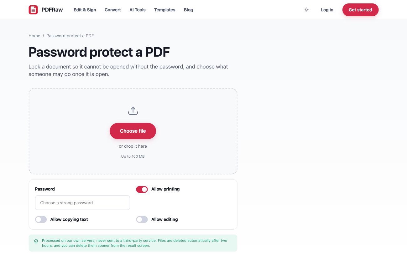 PDFRaw Protect PDF tool with password field and permission checkboxes