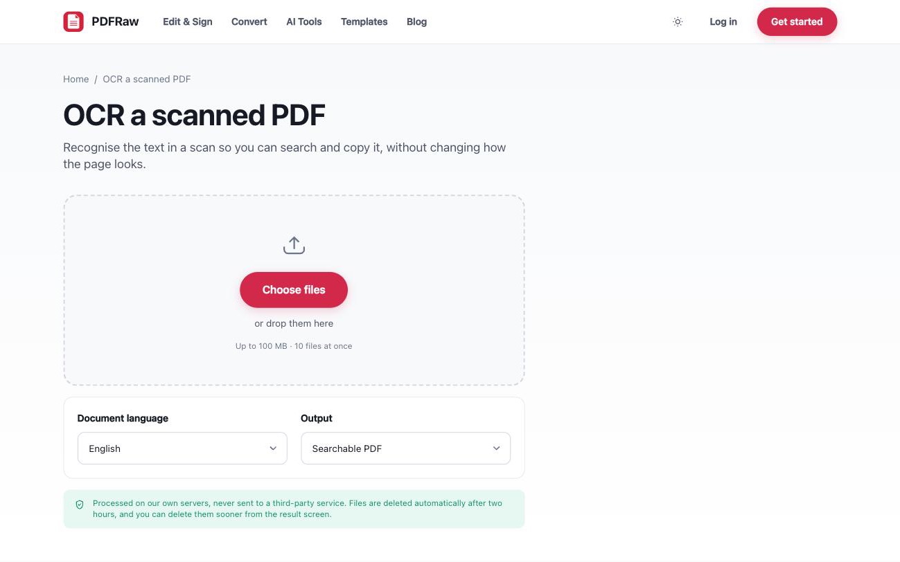 PDFRaw OCR tool with a scanned PDF uploaded and the document language selected