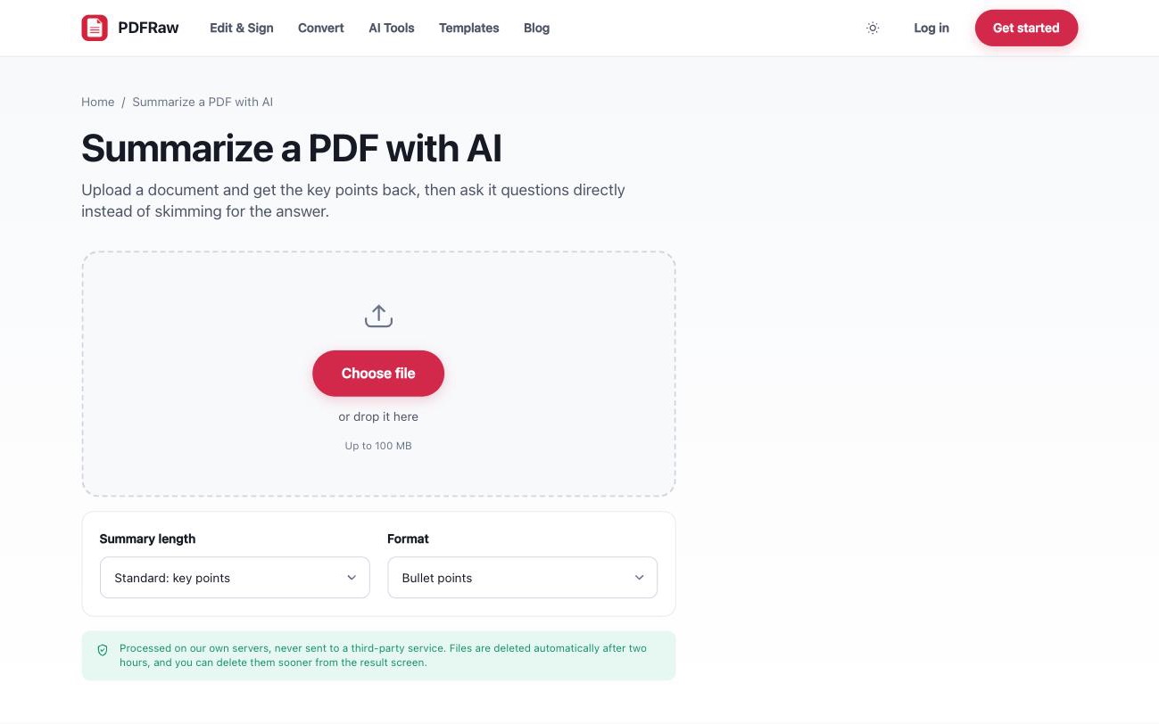 PDFRaw AI PDF Summarizer ready to summarize an uploaded document