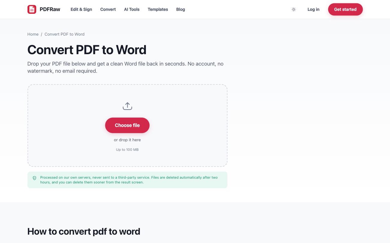 PDFRaw PDF to Word converter with drag-and-drop upload area