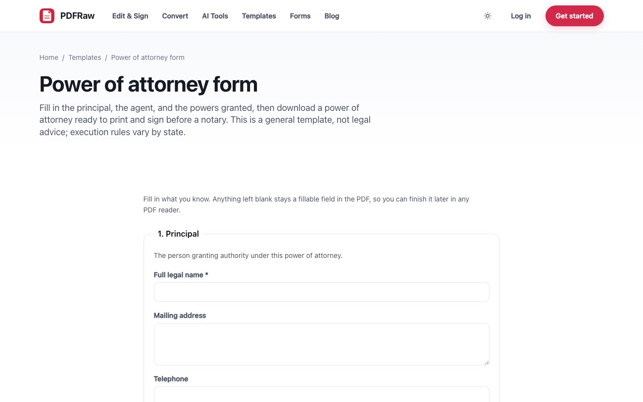 PDFRaw power of attorney form with fields for the principal, agent and powers granted