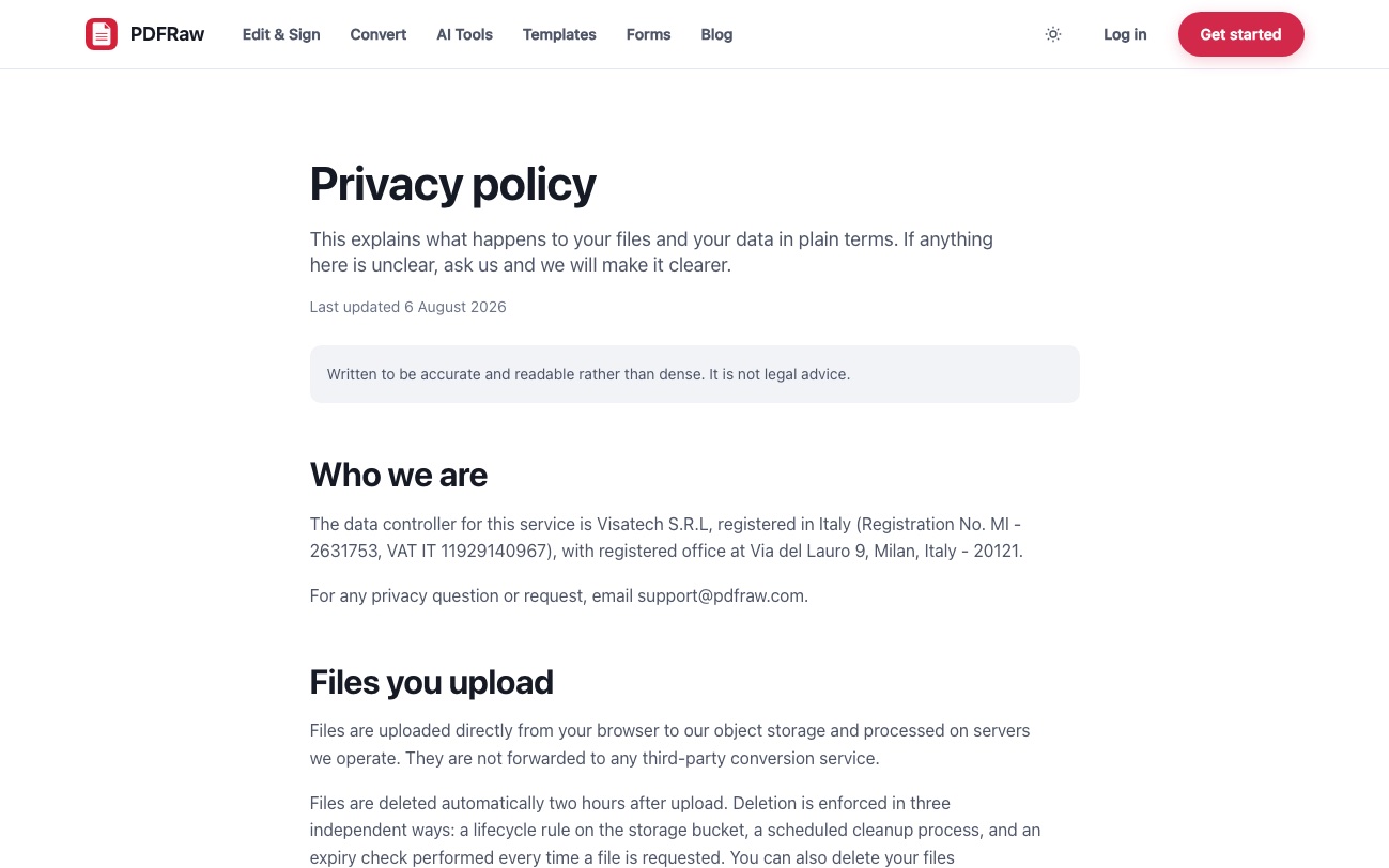 The PDFRaw privacy policy page, with the section on uploaded files