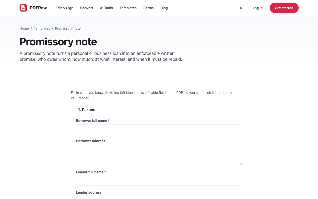 The PDFRaw promissory note template page, with fields for the borrower, the lender, the loan terms and the repayment schedule