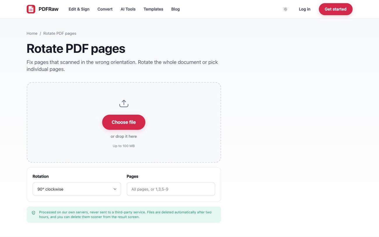PDFRaw Rotate PDF tool showing rotation angle options and page selection
