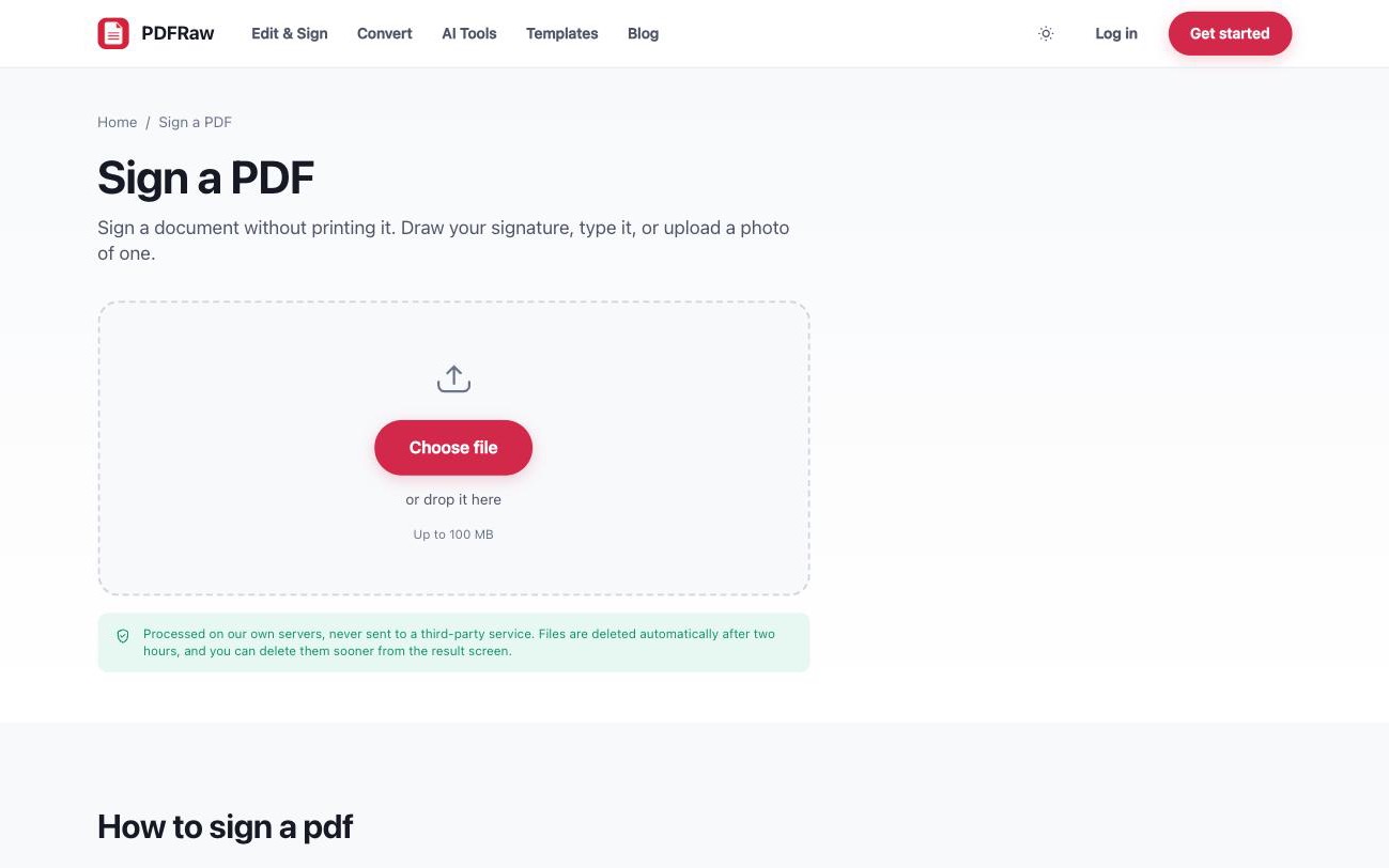 PDFRaw Sign PDF tool for adding an electronic signature to a document