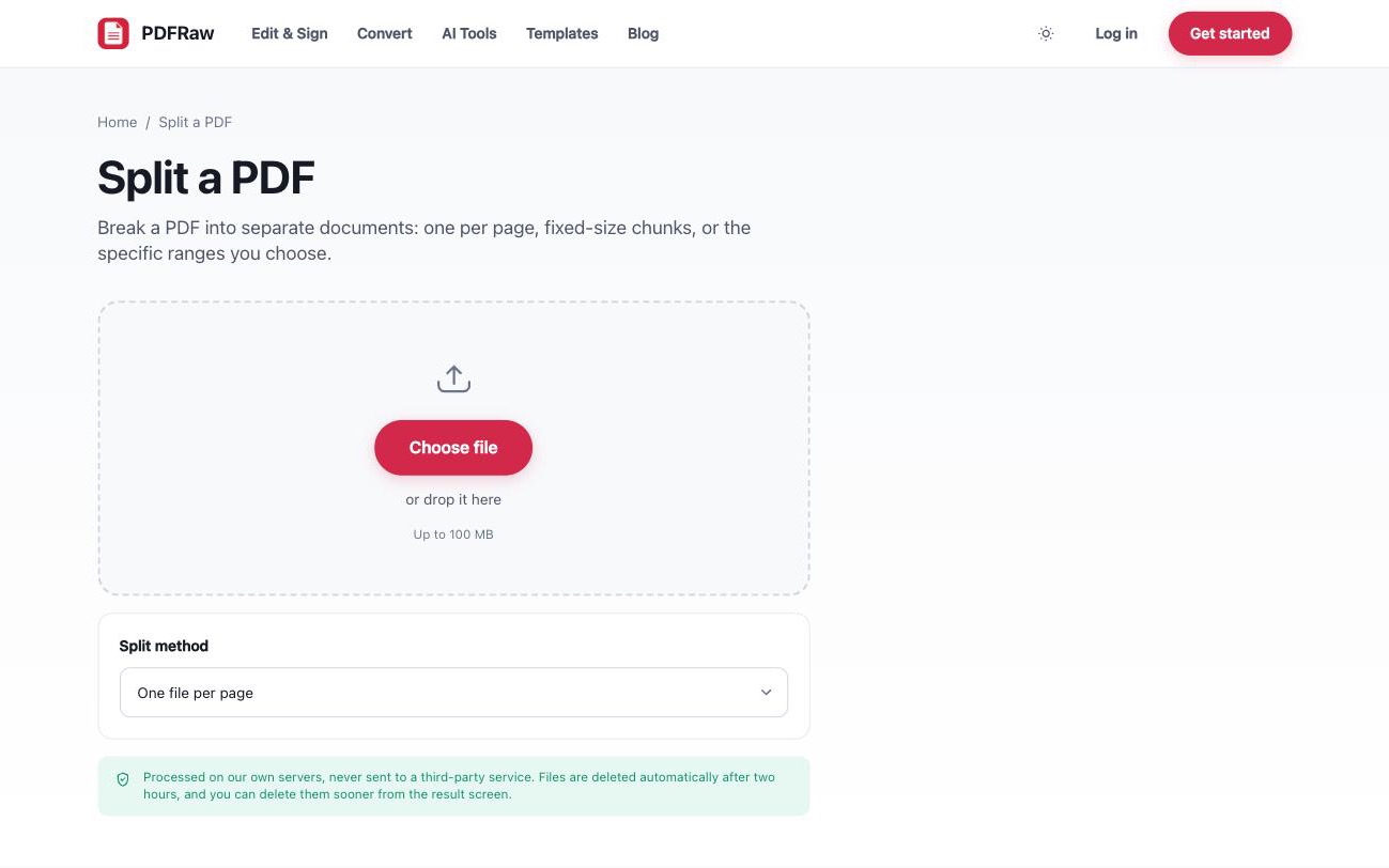 PDFRaw Split PDF tool showing page thumbnails and the three split methods