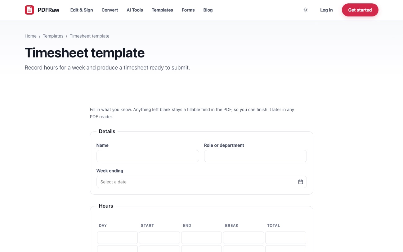 The PDFRaw timesheet template with fields for name, role, week ending and a table for daily hours