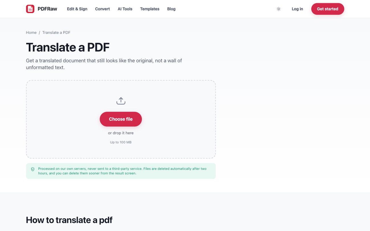PDFRaw Translate PDF tool with a document uploaded and a target language selected