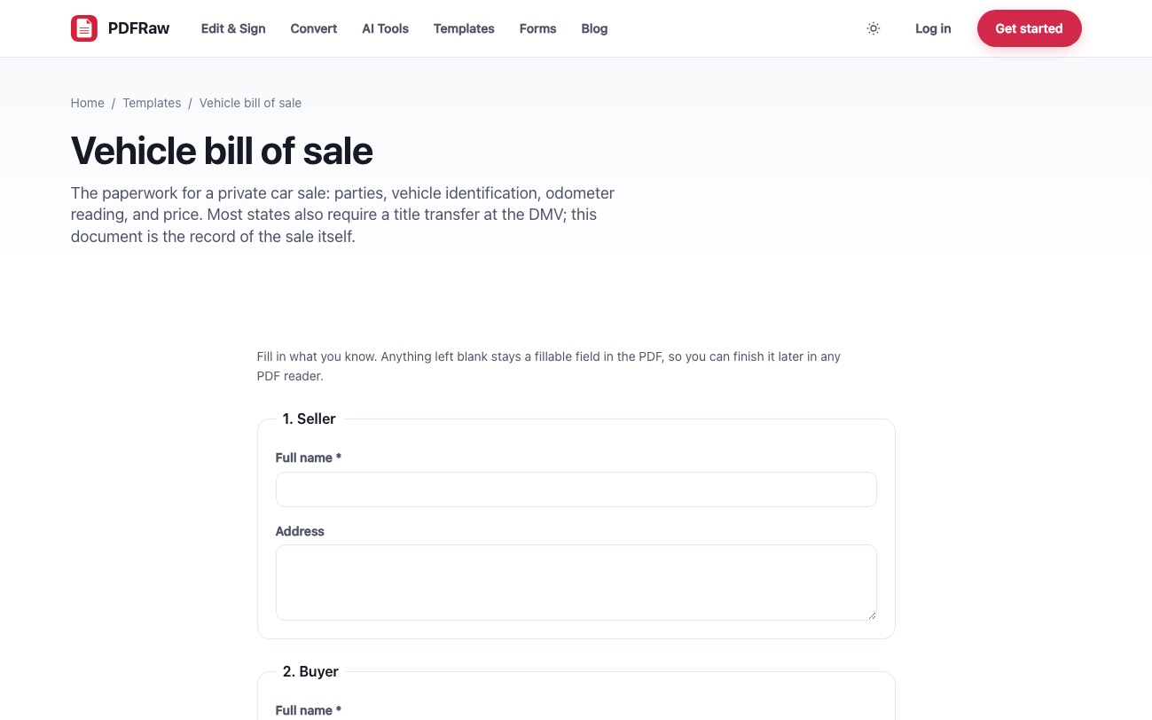 PDFRaw vehicle bill of sale form with fields for the vehicle, odometer reading and sale price