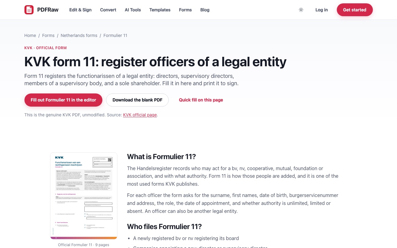 The PDFRaw page for KVK form 11 with a preview of the official PDF and options to fill or download it