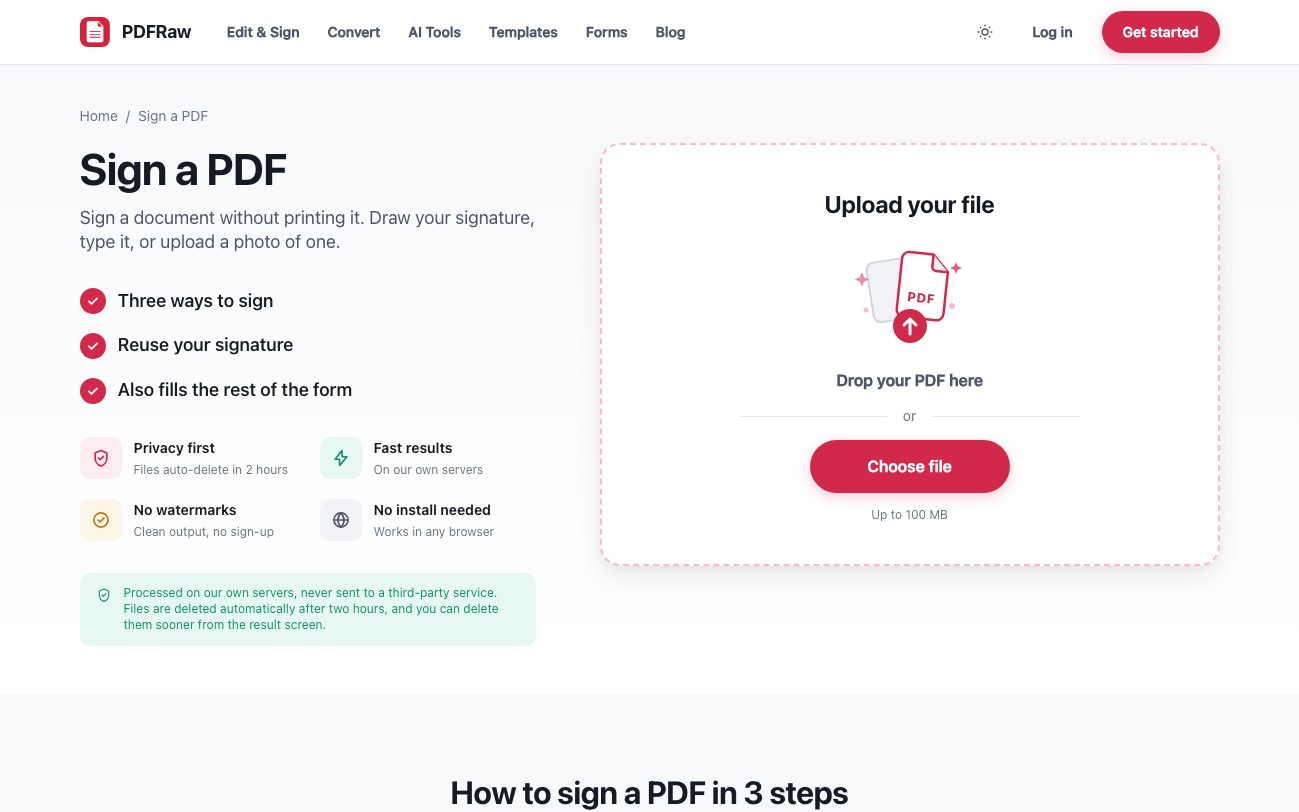 The PDFRaw Sign PDF tool page with an upload area for the document to sign