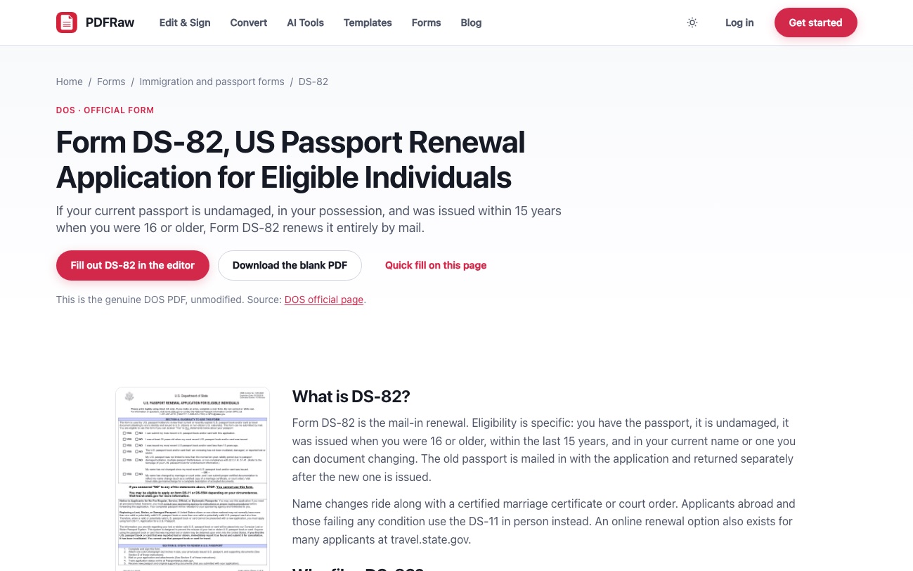 The PDFRaw page for Form DS-82, the US passport renewal application, with fill and download options