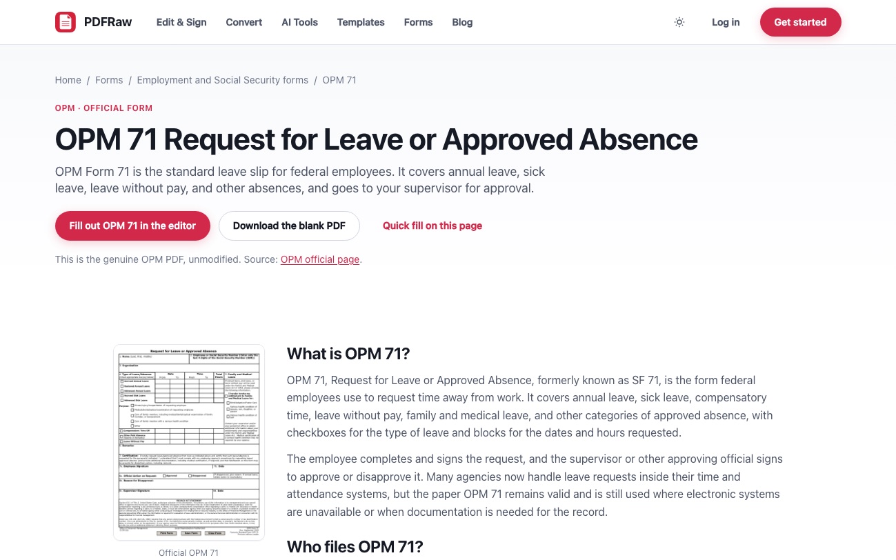 The PDFRaw page for Form OPM-71, formerly SF-71, with fill and download options