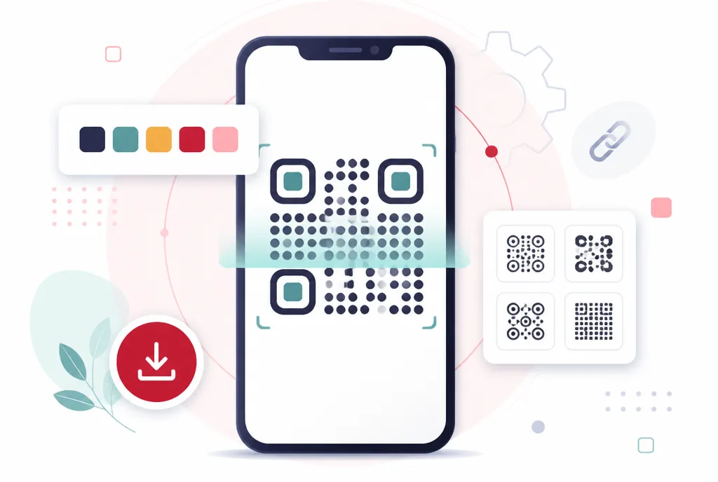 Illustration of a phone showing a styled QR code next to colour swatches, pattern options and a download button