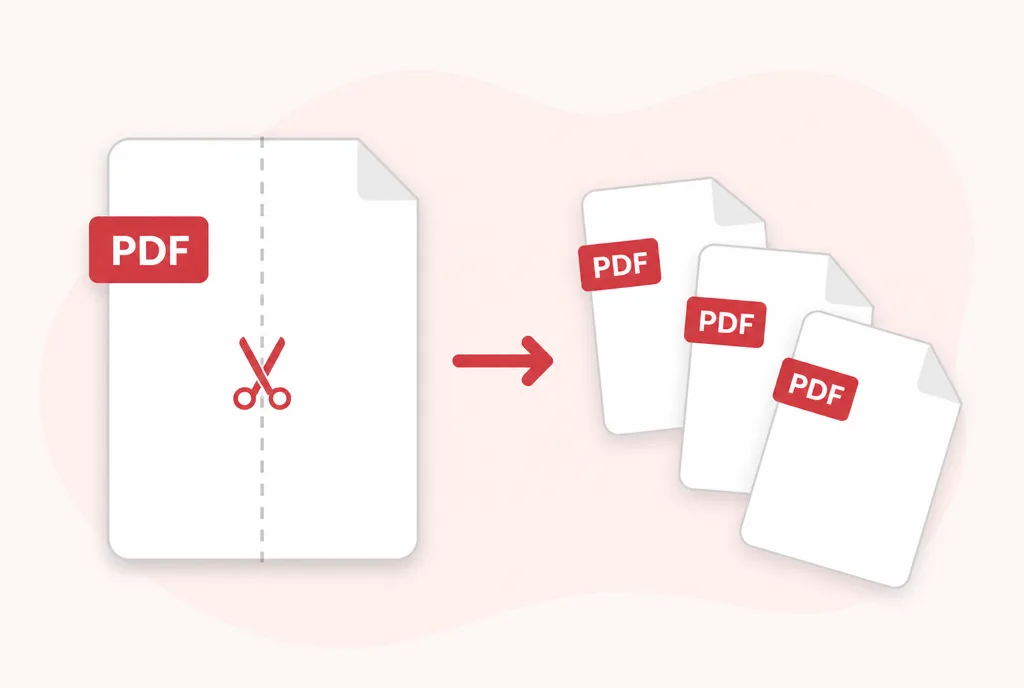 Illustration of one PDF document being cut along a dashed line into three separate PDF files